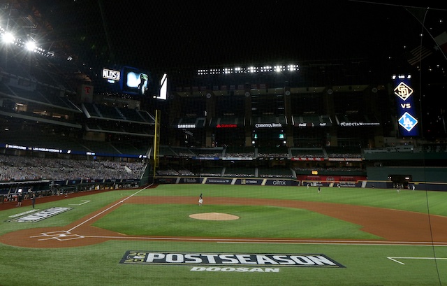 Globe Life Field view, postseason logo, 2020 NLDS