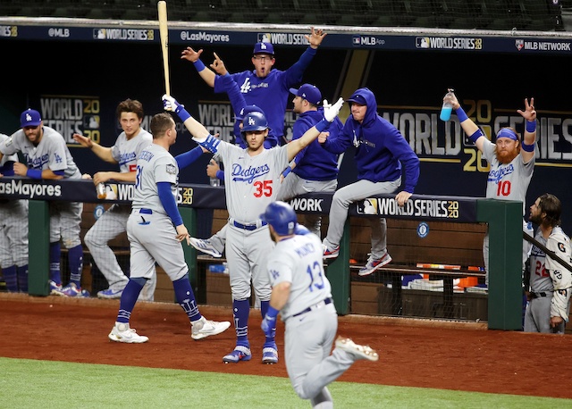 Matt Beaty, Cody Bellinger, Walker Buehler, Max Muncy, Joc Pederson, AJ Pollock, Corey Seager, Justin Turner, 2020 World Series