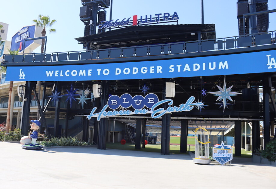 Dodger Stadium center field plaza entrance, Welcome to Dodger Stadium sign, Blue Heaven on Earth