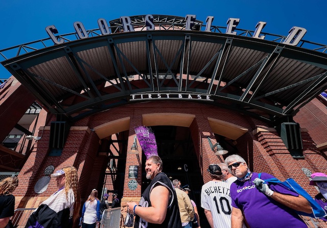 Rockies fans, Coors Field entrance, 2021 Opening Day