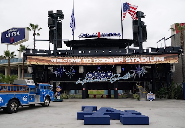 2020 World Series flag, Dodger Stadium center field plaza, LA logo