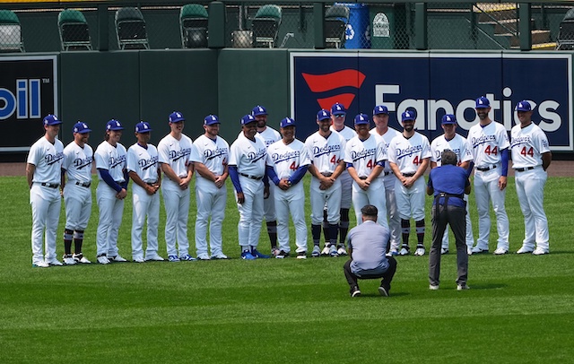 Walker Buehler, Max Muncy, Chris Taylor, Justin Turner, Jon SooHoo, Dodgers team photo, 2021 All-Star Game