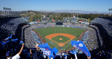 Dodgers fans, Dodger Stadium view, rally towels, 2021 NLCS