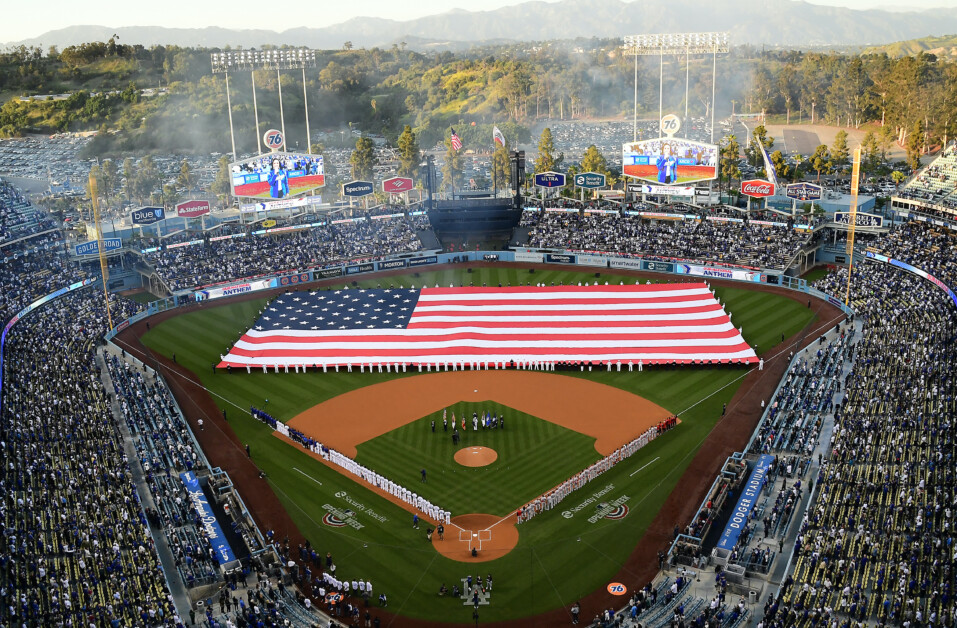 Dodger Stadium view, United States of America flag, home opener