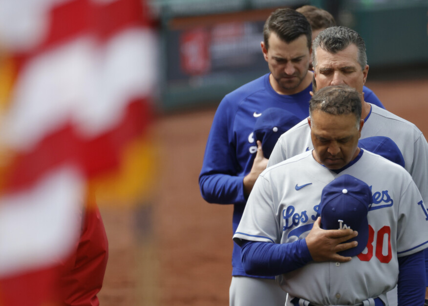 Bob Geren, Dave Roberts, national anthem, coaches lined up