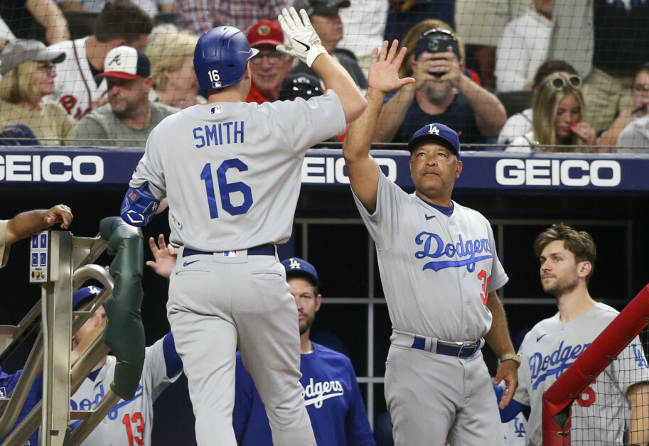 Clayton Kershaw, Dave Roberts, Will Smith, Trea Turner