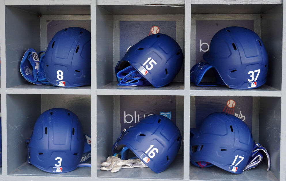 Hanser Alberto, Eddy Alvarez, Austin Barnes, Zach McKinstry, Will Smith, Chris Taylor, Dodgers helmets