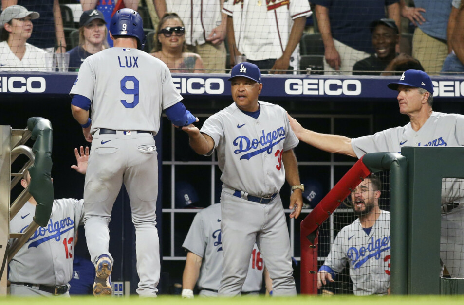 Eddy Alvarez, Bob Geren, Max Muncy, Dave Roberts, Trea Turner