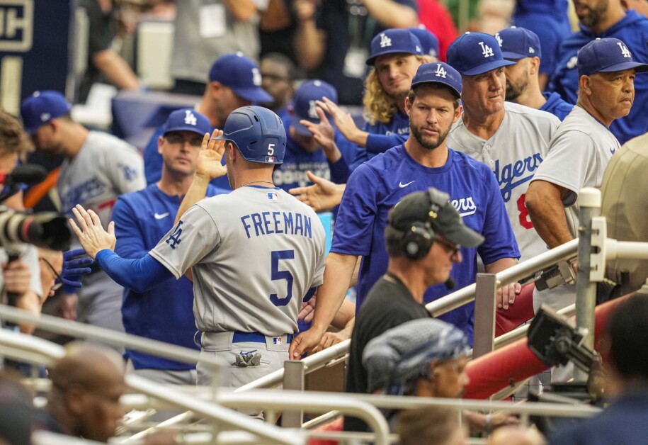 Phil Bickford, Bob Geren, Freddie Freeman, Clayton Kershaw, Dave Roberts