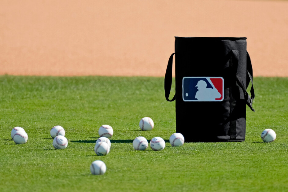 General view of MLB baseballs, baseballs bag, MLB logo