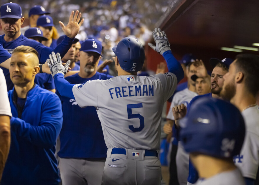 Austin Barnes, Cody Bellinger, Brant Brown, Freddie Freeman, Gavin Lux, Dodgers trainer Thomas Albert