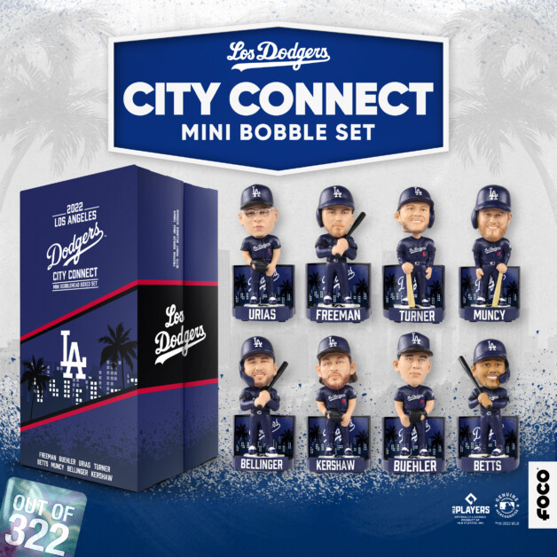 Cody Bellinger, Mookie Betts, Walker Buehler, Freddie Freeman, Clayton Kershaw, Max Muncy, Trea Turner, Julio Urías, Dodgers City Connect mini bobbleheads set, FOCO