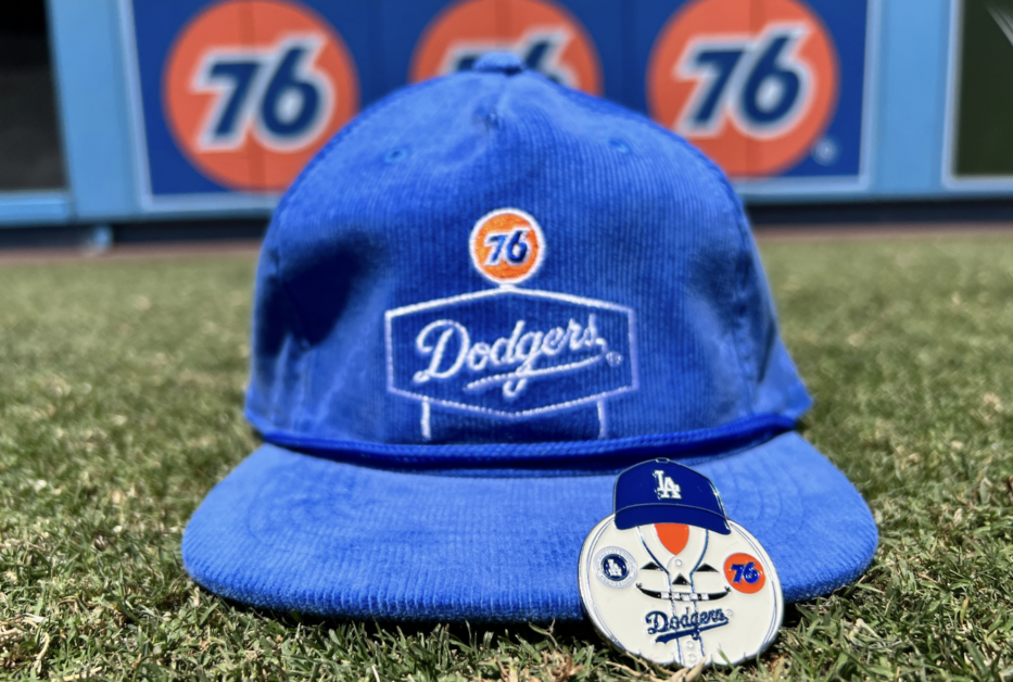 Dodgers cap, Smilin' Jack pin, 76 logo