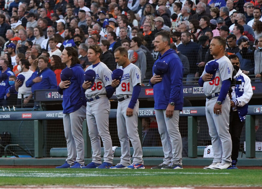 Dino Ebel, Bob Geren, Danny Lehmann, Clayton McCullough, Dave Roberts, Dodgers lined up, 2021 NLDS, national anthem