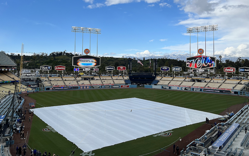 Dodger Stadium view, tarp, 2023 Opening Day