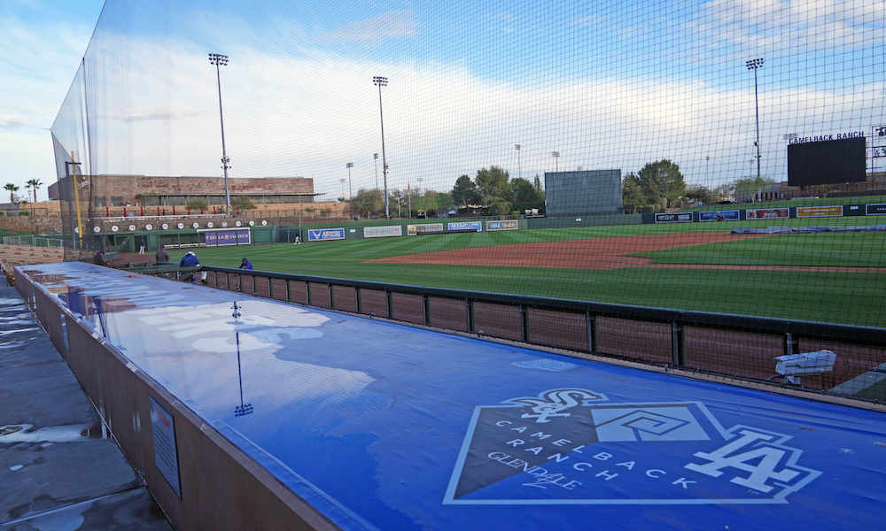 Dodgers dugout, Camelback Ranch view, 2023 Spring Training