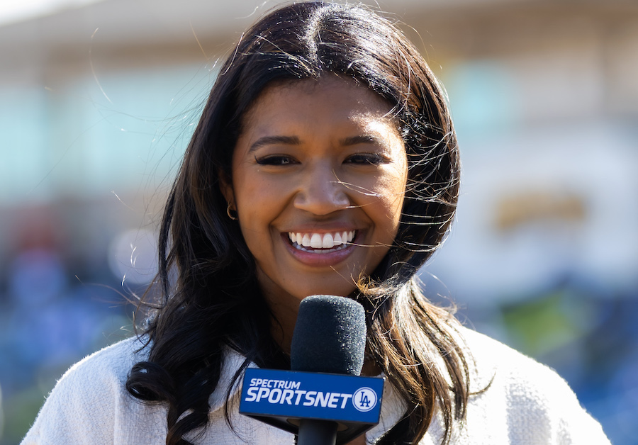 Kirsten Watson, SportsNet LA microphone, 2023 Spring Training