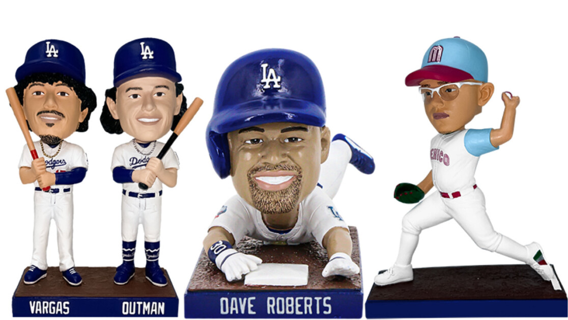 Miguel Vargas, James Outman, Dave Roberts, Julio Urías, Dodgers bobbleheads