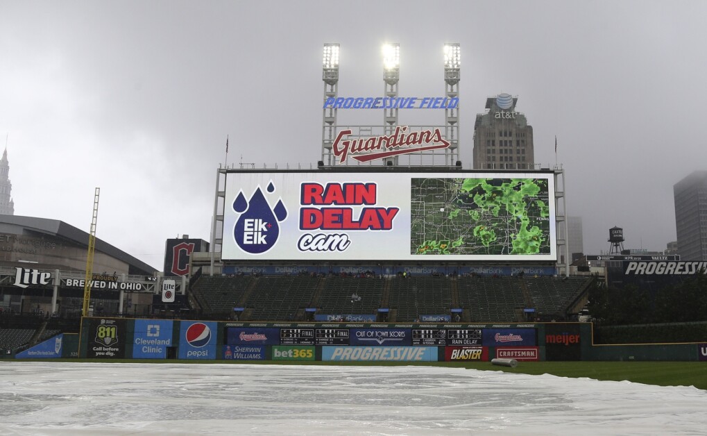 Progressive Field view, rain delay, tarp