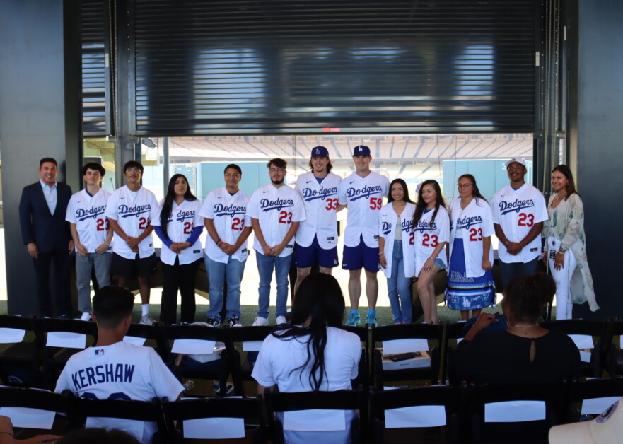 James Outman, Evan Phillips, Dr. Manny A. Aceves, Chaitali Gala Mehta, Los Angeles Dodgers Foundation scholars