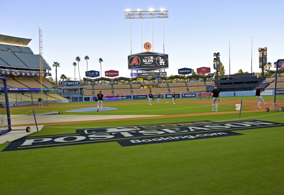 Dodger Stadium view, 2023 MLB postseason logo, 2023 NLDS