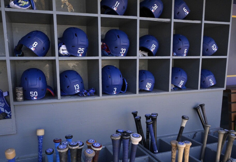 Dodgers helmets, bat rack, 2023 NLDS