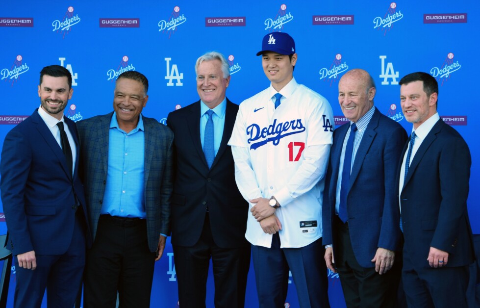 Brandon Gomes, Dave Roberts, Mark Walter, Shohei Ohtani, Stan Kasten, Andrew Friedman