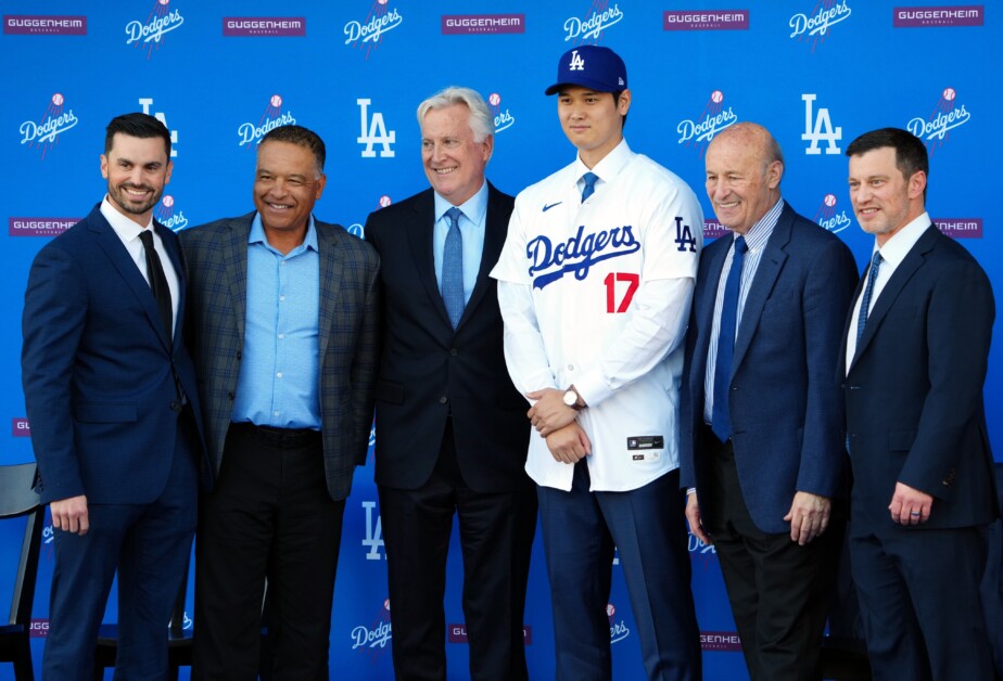 Brandon Gomes, Dave Roberts, Mark Walter, Shohei Ohtani, Stan Kasten, Andrew Friedman