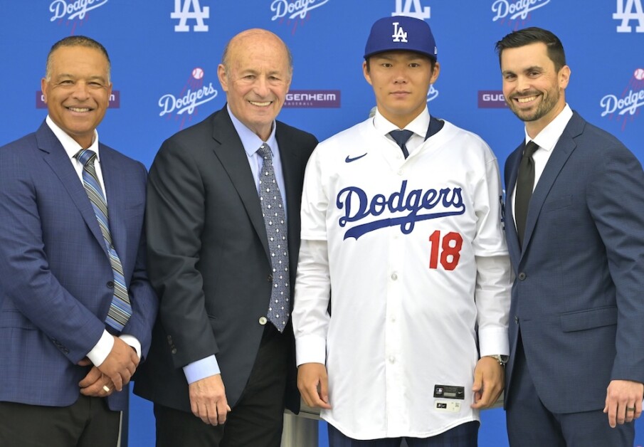 Dave Roberts, Stan Kasten, Yoshinobu Yamamoto, Brandon Gomes