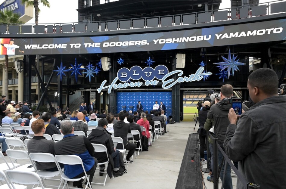 Joe Davis, Mako Allbee, Yoshinobu Yamamoto, Dodger Stadium center field plaza, media