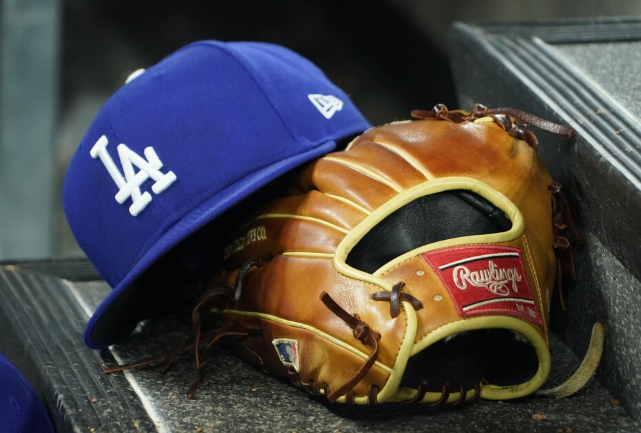 Dodgers cap, glove