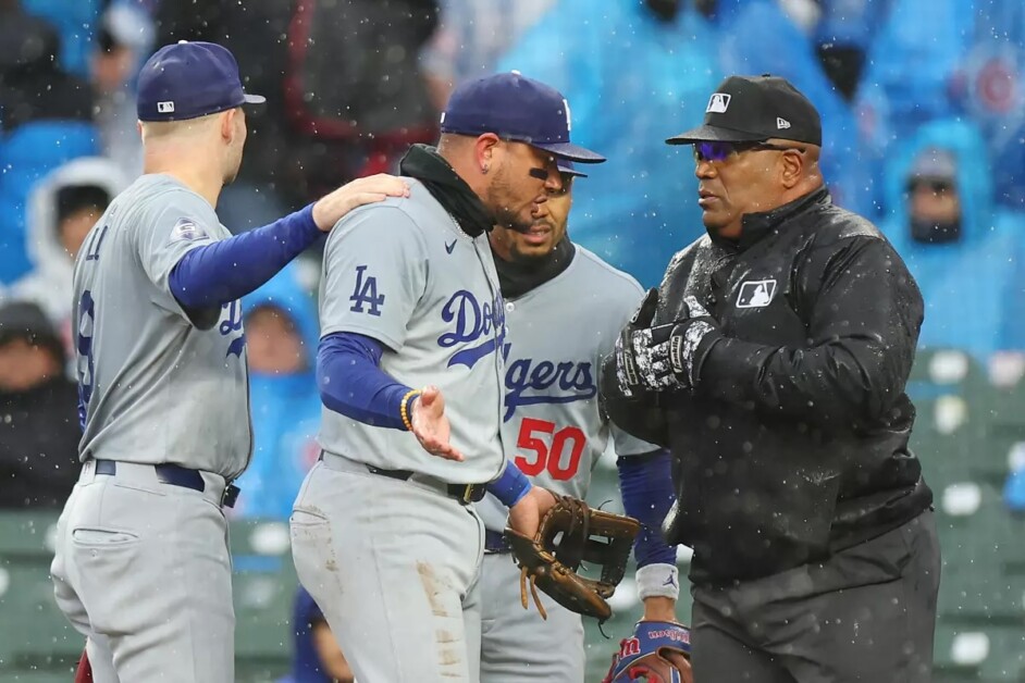 Miguel Rojas, Gavin Lux, Mookie Betts, umpire, rain delay