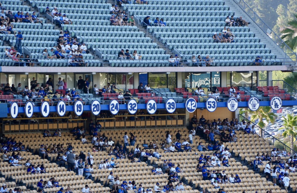 Pee Wee Reese, Tommy Lasorda, Duke Snider, Gil Hodges, Don Sutton, Walter Alston, Sandy Koufax, Fernando Valenzuela, Roy Campanella, Jackie Robinson, Don Drysdale, Vin Scully, Jaime Jarrín, Walter O'Malley, Dodger Stadium Ring of Honor