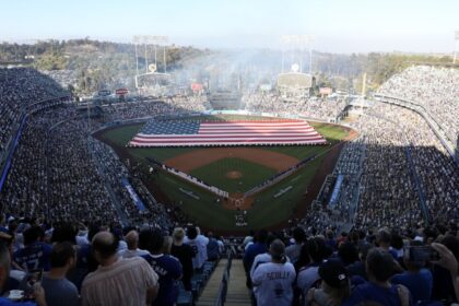 Dodger Stadium view, Dodgers fans, United States of American Flag, 2024 NLCS