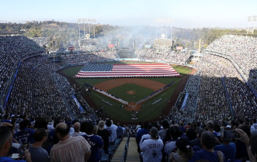 Dodger Stadium view, Dodgers fans, United States of American Flag, 2024 NLCS