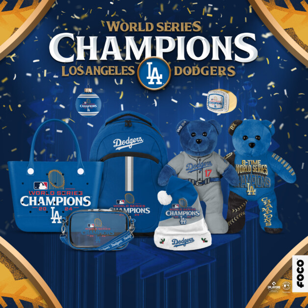 Dodgers backpack, clear bag, Christmas tree ornaments, plus bears, FOCO, 2024 World Series