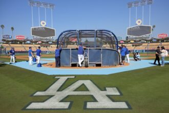 Dodgers batting practice, Dodger Stadium view, 2024 World Series