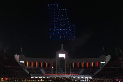 Dodgers logo, USC Trojans drone show