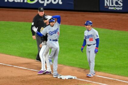 Freddie Freeman, Clayton McCullough, Dodgers celebration, 2024 NLCS