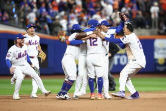 Mets Celebrate NLDS win. MLB: NLDS-Philadelphia Phillies at New York Mets