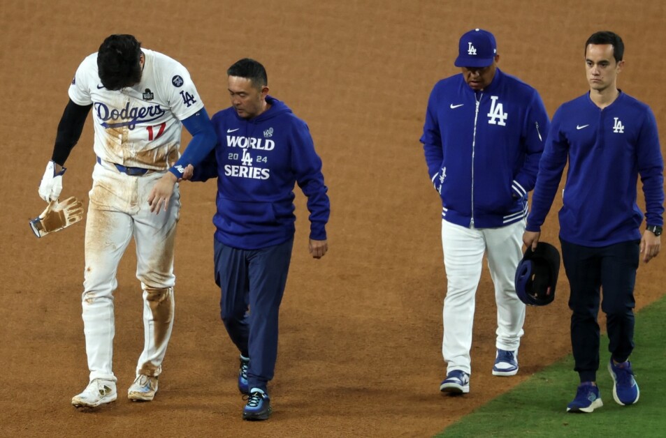 Dodgers World Series First Shohei Ohtani MRI Update   Shohei Ohtani Dodgers Trainer Yosuke 22Possum22 Nakajima Dave Roberts Will Ireton 2024 World Series 1 