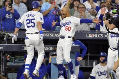 Tommy Edman, Mookie Betts, Andy Pages, sunflower seeds celebration, 2024 NLCS