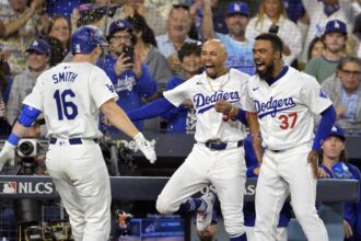 Will Smith, Mookie Betts, Teoscar Hernández, Danny Lehmann, sunflower seeds celebration, 2024 NLCS