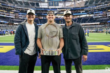 Anthony Banda, Landon Knack, Joe Kelly, Rams, 2024 World Series trophy