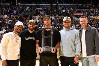 Mookie Betts, Chris Taylor, Jack Flaherty, Brusdar Graterol, Freddie Freeman, World Series trophy