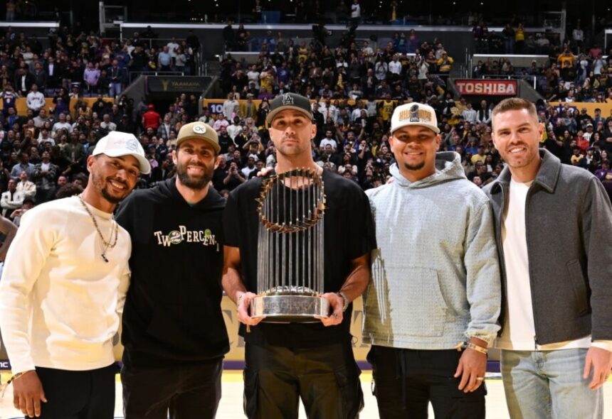 Mookie Betts, Chris Taylor, Jack Flaherty, Brusdar Graterol, Freddie Freeman, World Series trophy