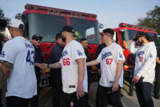 Anthony Banda, Tanner Scott, Hunter Feduccia, Alex Vesia, Los Angeles County Firefighters, 2025 Dodgers Love L.A. Community Tour