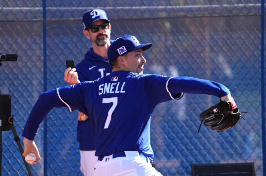 Blake Snell, Dave Roberts, Mark Prior, 2025 Dodgers Spring Training