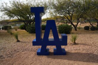 Dodgers logo, Camelback Ranch lake, 2025 Dodgers Spring Training, Dodgers workout