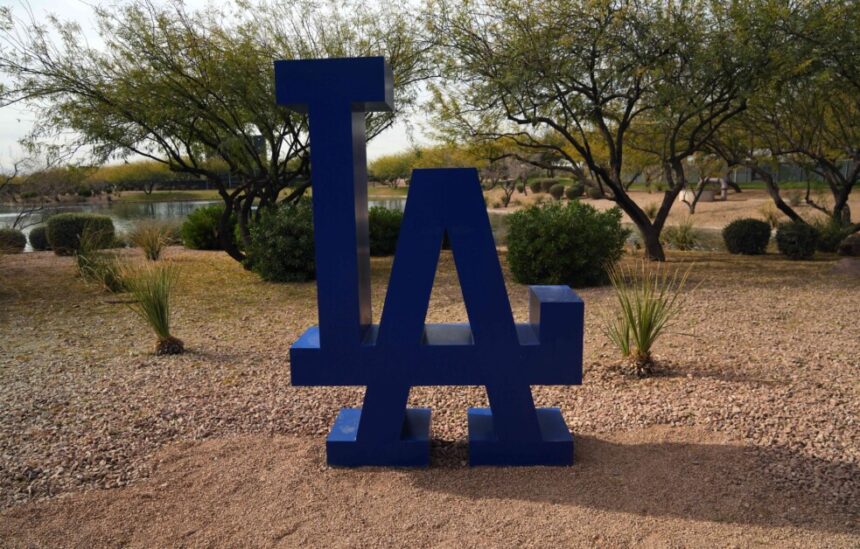 Dodgers logo, Camelback Ranch lake, 2025 Dodgers Spring Training, Dodgers workout